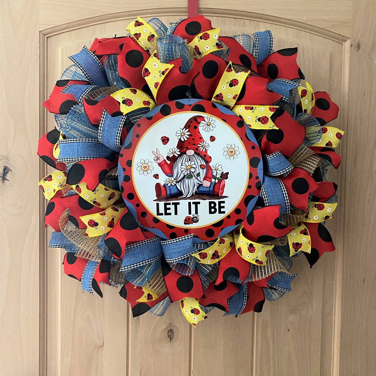 Gnome Ladybug, Let It Be, Deco Mesh Wreath, Red, Black, Blue, Yellow, Natural