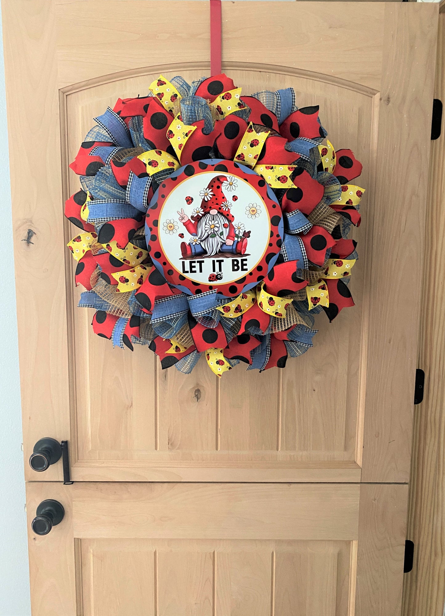 Gnome Ladybug, Let It Be, Deco Mesh Wreath, Red, Black, Blue, Yellow, Natural