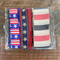 Assorted, Vintage Stars, Red, Navy, Beige, Stripe, American Starts on Satin, Ribbon, Scrap,  Ribbon Bundle Bag, #28