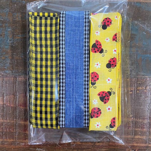 Assorted, Yellow Ladybugs, Denim, Yellow & Black Gingham, Ribbon, Scrap,  Ribbon Bundle Bag, #31