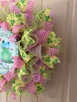 Frog Wreath, Welcome To Our Pad, Deco Mesh, Yellow, Pink, Green, Blue, Cream