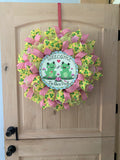 Frog Wreath, Welcome To Our Pad, Deco Mesh, Yellow, Pink, Green, Blue, Cream