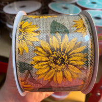 Sunflowers, Natural, Yellow, Brown, Green, Canvas, Wired Edges, 2.5" X 10 YD