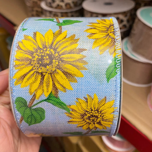 Sunflowers, Light Blue, Yellow, Brown, Green, Canvas, Wired Edges, 2.5" X 10 YD