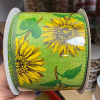 Sunflowers, Lime, Yellow, Brown, Green, Canvas, Wired Edges, 2.5" X 10 YD