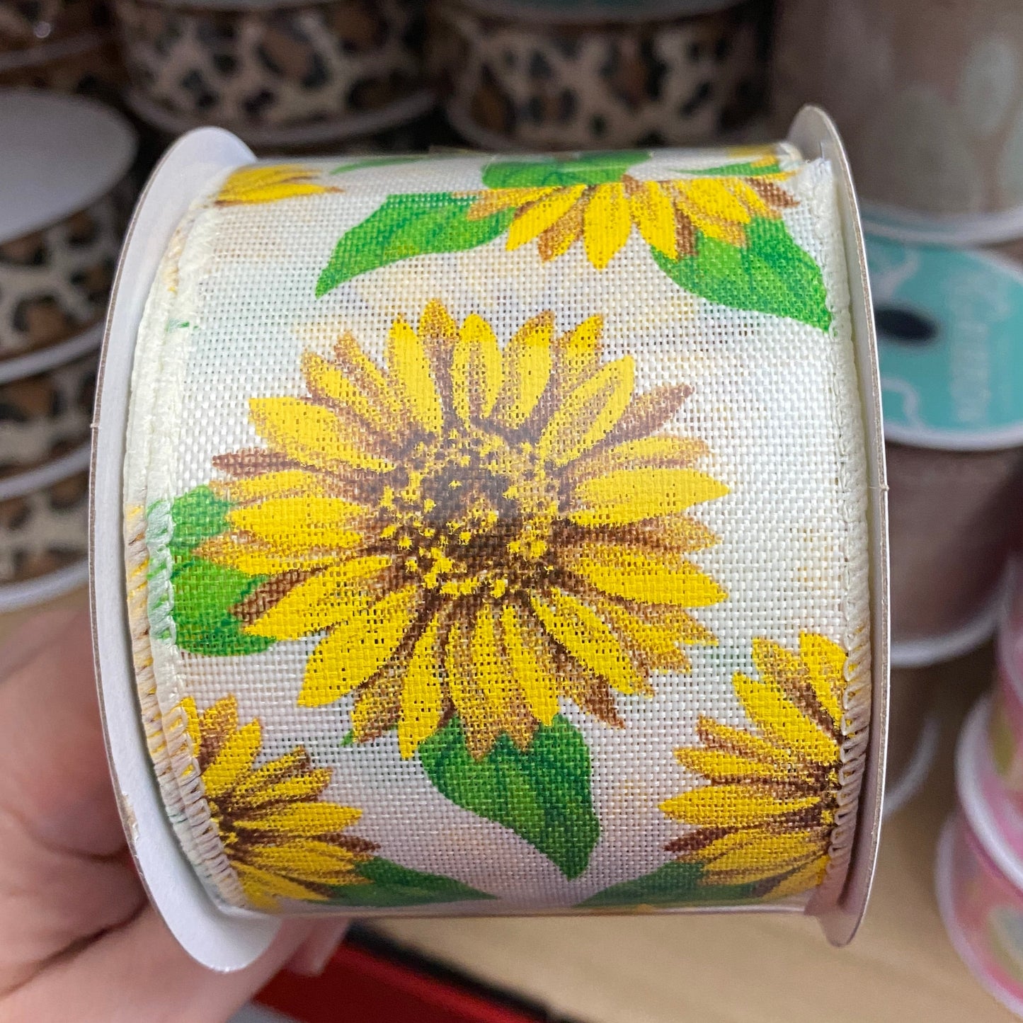 Sunflowers, Ivory, Yellow, Green, Canvas, Wired Edges, 2.5" X 10 YD