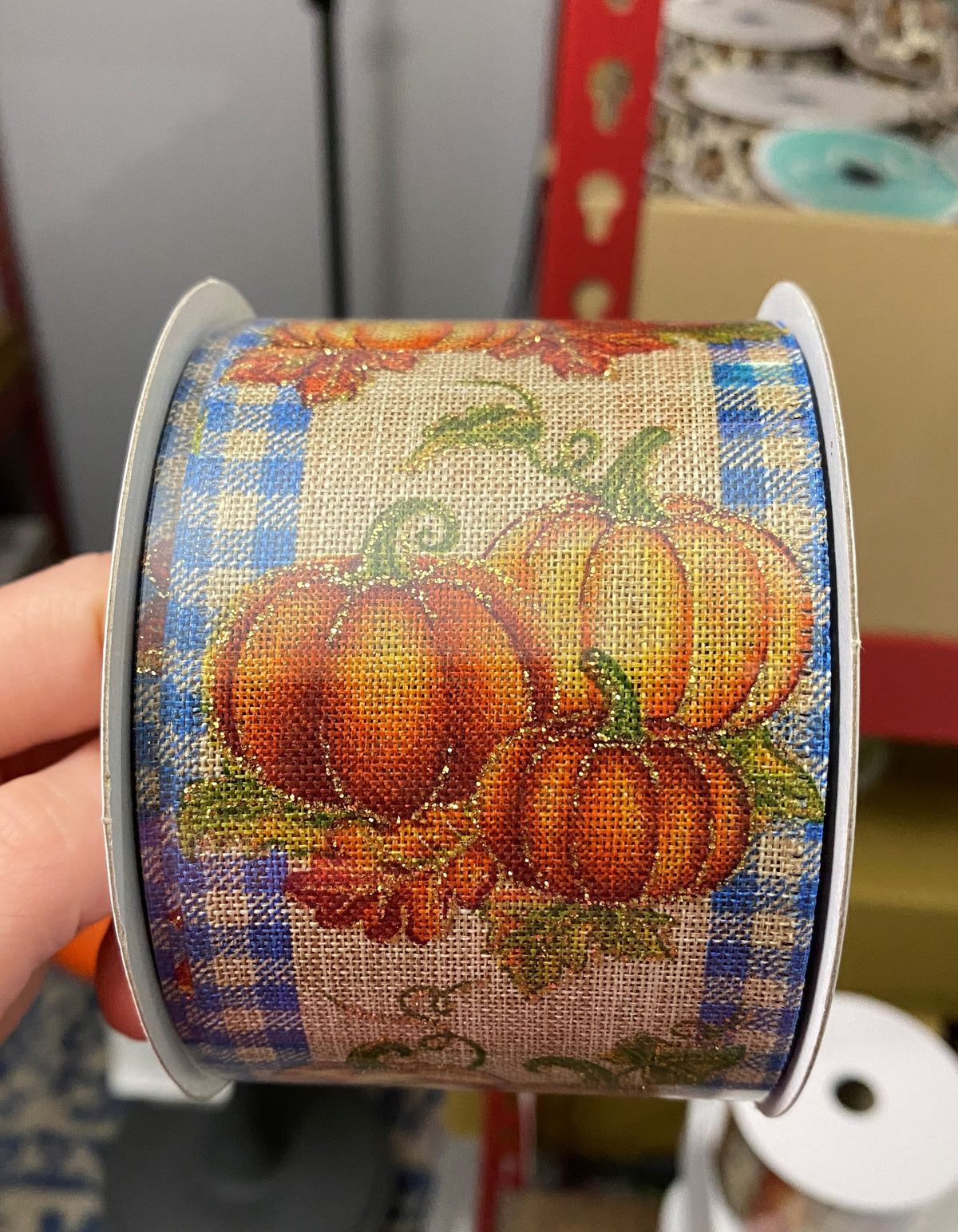 Pumpkins And Fall Leaves, Blue And Natural Gingham Edge, Gold Glitter, Canvas, Wired Edges, 2.5" X 10 YD
