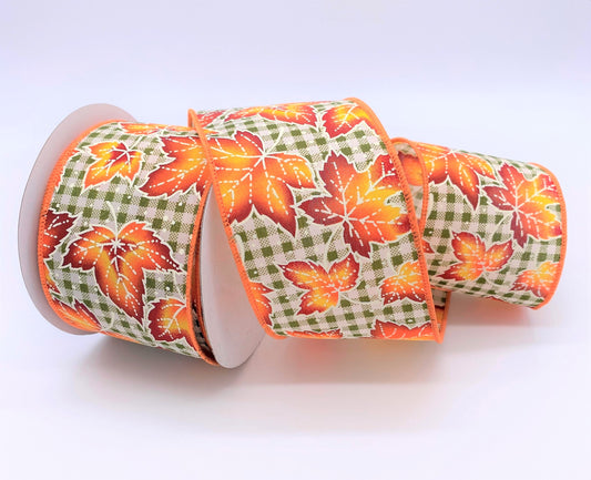 Fall Leaves Dotted Gingham Ribbon, Canvas, 2.5" X 10 Yards