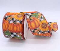 Fall Sunflowers and Pumpkins Ribbon, Black and White Plaid, Canvas, Wired Edges, 2.5" X 10 Yards