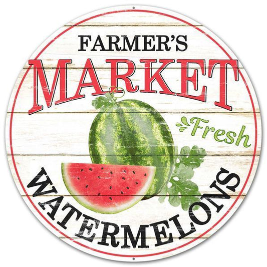 CBI Sign, Farmer's Market, Fresh Watermelons, Metal Sign, 12" Diameter, Pre Drilled Holes, Top and Bottom, Red, Black, MD0343