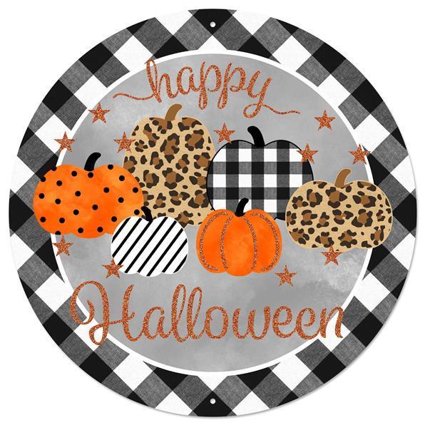 Happy Halloween, Pumpkin, Metal Sign, 12" Diameter, Pre Drilled Holes, Top and Bottom, Black, White, Gold, Brown, Orange, Glitter, MD0775