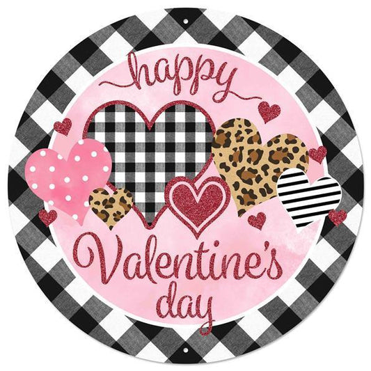 CBI Sign, Happy Valentine's Day, Metal Sign, 12" Diameter, Pre Drilled Holes, Top and Bottom, Black, White, Pink, Gold, Brown, Glitter, MD0777