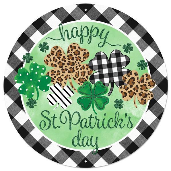Happy St. Patrick's Day, Metal Sign, 12" Diameter, Pre Drilled Holes, Top and Bottom, Black, White, Green, Gold, Brown, Glitter, MD0778