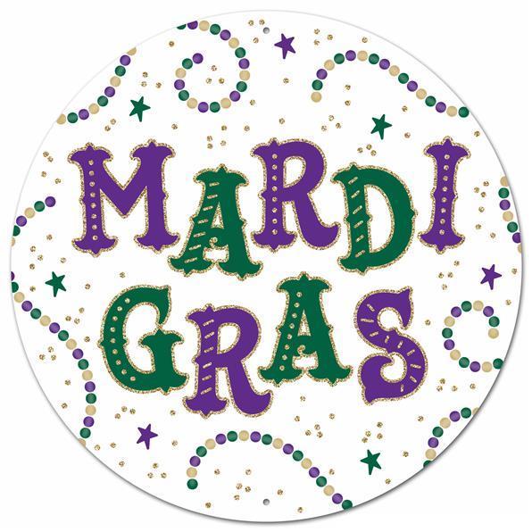 Glitter Mardi Gras, Metal Sign, 12" Diameter, Pre Drilled Holes, Top and Bottom, White, Purple, Emerald, Gold, MD0852