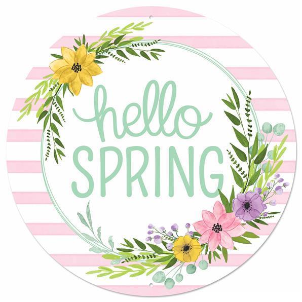 Hello Spring Floral, Metal Sign, 12" Diameter, Pre Drilled Holes, Top and Bottom, White/Pink/Mint/Green/Yellow, MD0853