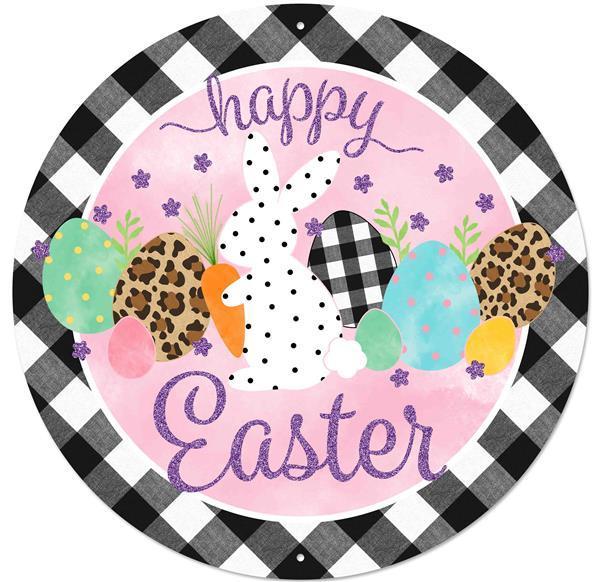 CBI Sign, Happy Easter, Metal Sign, 12" Diameter, Pre Drilled Holes, Top and Bottom, Check, Glitter, Pink, Purple, Black, White, MD0855