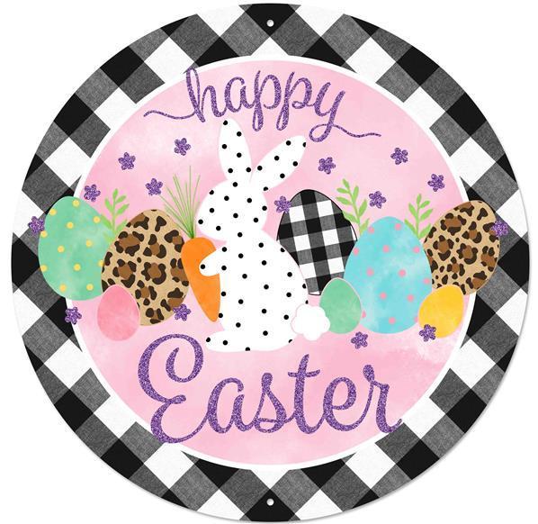 Happy Easter, Metal Sign, 12" Diameter, Pre Drilled Holes, Top and Bottom, Check, Glitter, Pink, Purple, Black, White, MD0855