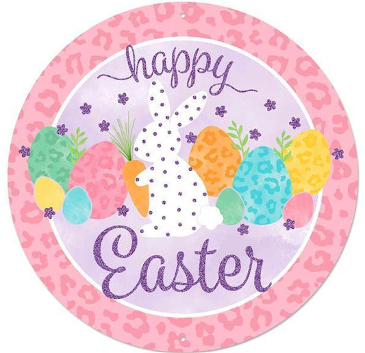 CBI Sign, Happy Easter, Metal Sign, 12" Diameter, Pre Drilled Holes, Top and Bottom, Leopard, Glitter, Pink, Purple, Multi, MD0856