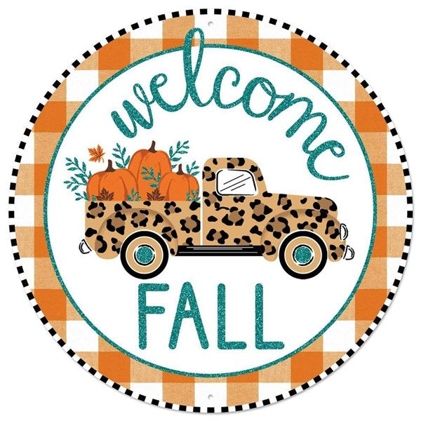 CBI Sign, 8" Diameter, Welcome Fall Truck, Metal Sign, Leopard, Teal Glitter, Pre Drilled Holes, Top and Bottom, MD0941