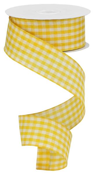 Yellow Mustard And Ivory, Gingham Check, Wired Ribbon, 1.5" X 10 YD, RG013208M