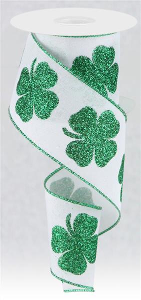 St. Patrick's Day Ribbon, Bold Clover On Royal,  Wired Ribbon, Green, White, Glitter, 2.5" X 10 YD, RG0166127