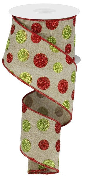 Multi Size Glitter Dots On Royal, Light Beige, Red, Green, Wired Ribbon, 2.5" X 10 YD., RG01704XY