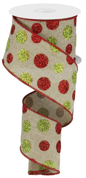 Multi Size Glitter Dots On Royal, Light Beige, Red, Green, Wired Ribbon, 2.5" X 10 YD., RG01704XY