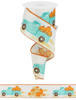 Truck With Pumpkins Ribbon, Wired, On Royal, Farm Truck, Fall, Ivory/Teal/Orange 2.5" X 10 YD, RG0183630