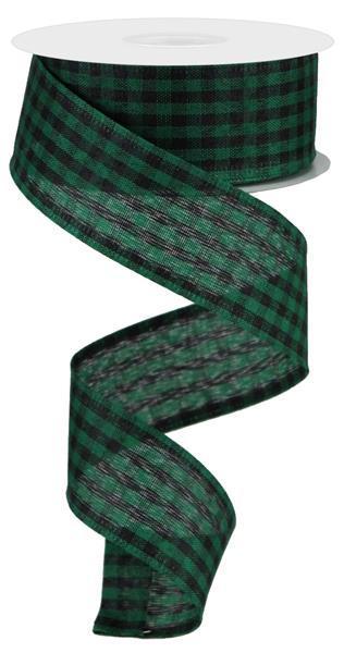 Woven Gingham Check, Emerald Green, Black, Wired Ribbon, 1.5" X 10 YD, RGA101206
