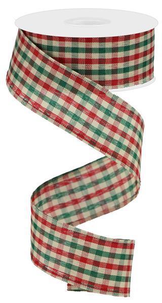 Woven Gingham Check, Red, Emerald Green, Cream, Wired Ribbon, 1.5" X 10 YD, RGA11025J
