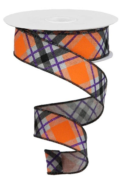 Glitter Plaid On Royal, Wired Ribbon, Light Grey, Purple, Orange, 1.5" X 10YD, RGA 120110