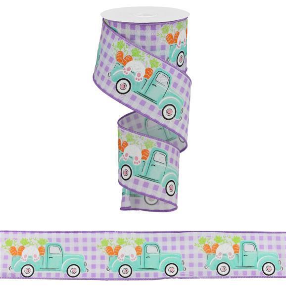 Bunny With Truck And Carrots, On Check, Wired Ribbon, Lavender, White, Pink, Orange, Green, 2.5" X 10 YD., RGA160313