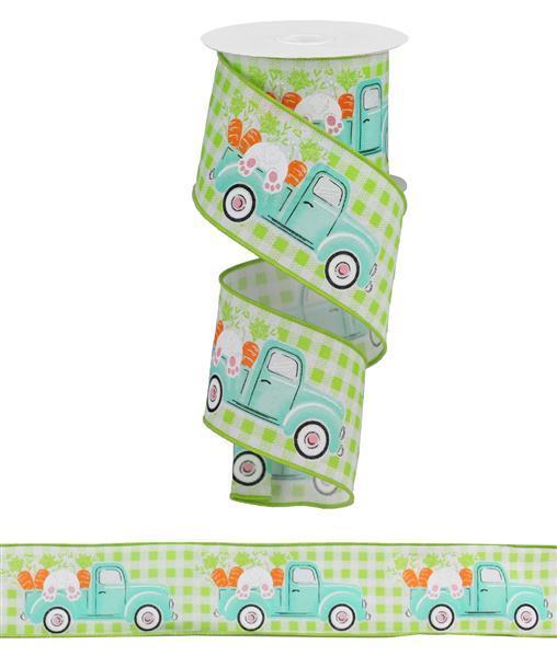 Bunny With Truck And Carrots, On Check, Wired Ribbon, Lime, White, Pink, Orange, Green, 2.5" X 10 YD., RGA1603WW