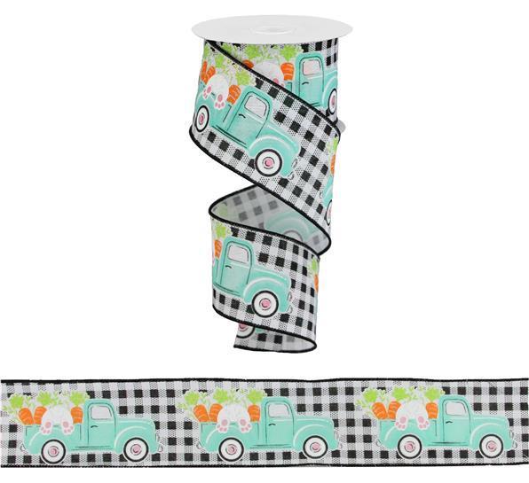 Bunny With Truck And Carrots, Wired Ribbon, Check, Black, White, Multi, 2.5" X 10 YD., RGA1603X6