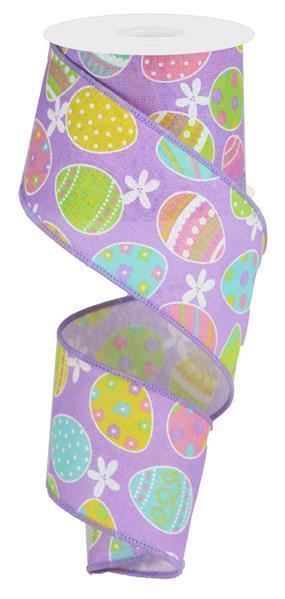 Easter Eggs On  Royal, Wired Ribbon, Lavender, Pink, Green, Yellow, 2.5" X 10 YD., RGA165773