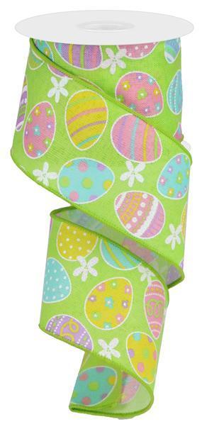 Easter Eggs On  Royal, Wired Ribbon, Green, Pink, Green, Yellow, Purple, 2.5" X 10 YD., RGA1657X3