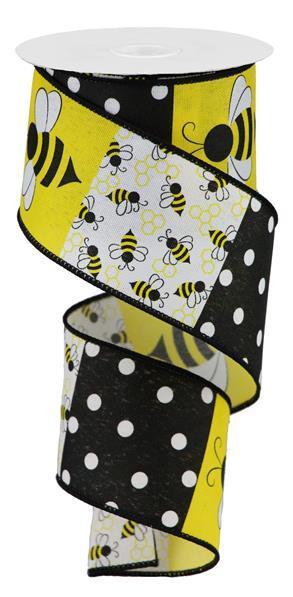 Bumblebee Block Pattern, Wired Ribbon, White, Yellow, Black, 2.5" X 10YD, RGA194727