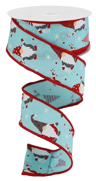 Christmas Gnomes On Royal, Wired Ribbon, Ice Blue, Red, White, 1.5