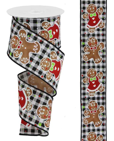 Gingerbread, Gingham Check, Black, White, Brown, Wired Ribbon, 2.5" X 10 YD, RGB135902