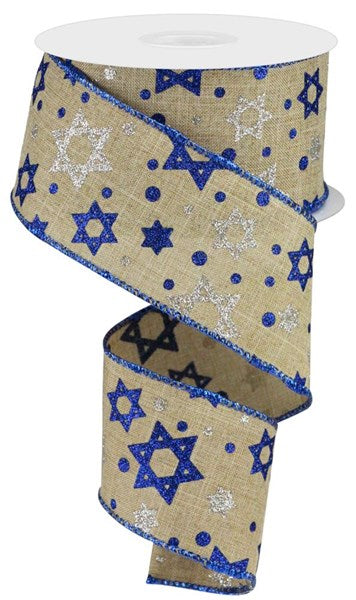 Glitter Star Of David, On Royal, Hanukkah, Wired Ribbon,  Canvas, 2.5" X 10 YD, RGB13711C