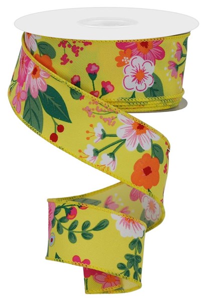 Graphic Floral Ribbon, Wired Ribbon, Yellow, Pink, Orange, Green, Blue, 1.5" X 10 YD., RGE113229