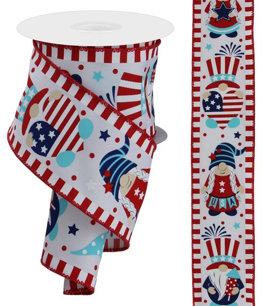 Patriotic Gnomes On Diagonal, White, Blue, Red, Wired Ribbon, 2.5" X 10 YD, RGE114427