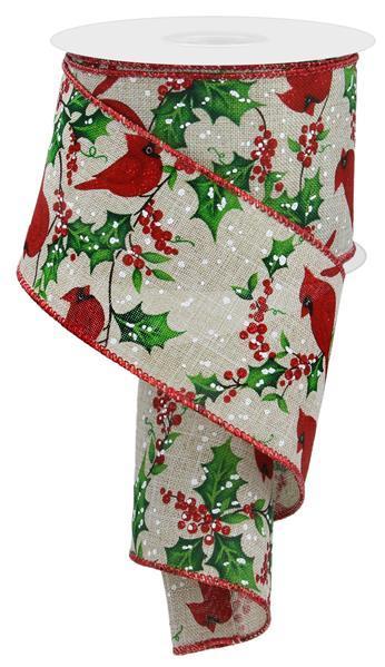 Cardinal, Holly, Berries, Canvas, Wired Ribbon, 2.5" X 10 YD,  RGE1531JW