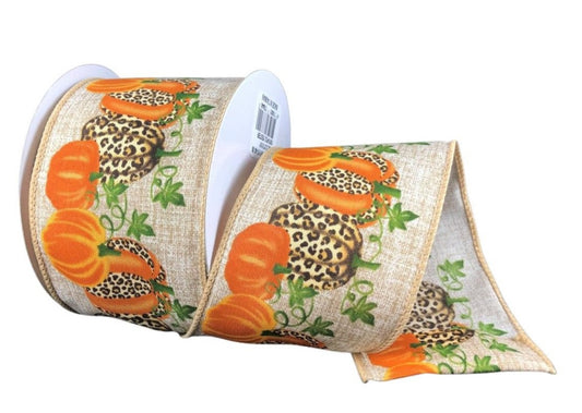 Fall Animal Print, Pumpkins, Canvas, Wired Edges, 2.5" X 10 Yards