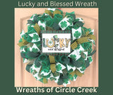 St. Patrick's Day, Wreath, Lucky and Blessed, Shamrocks, Glitter, Green, Gold, Wired Ribbons
