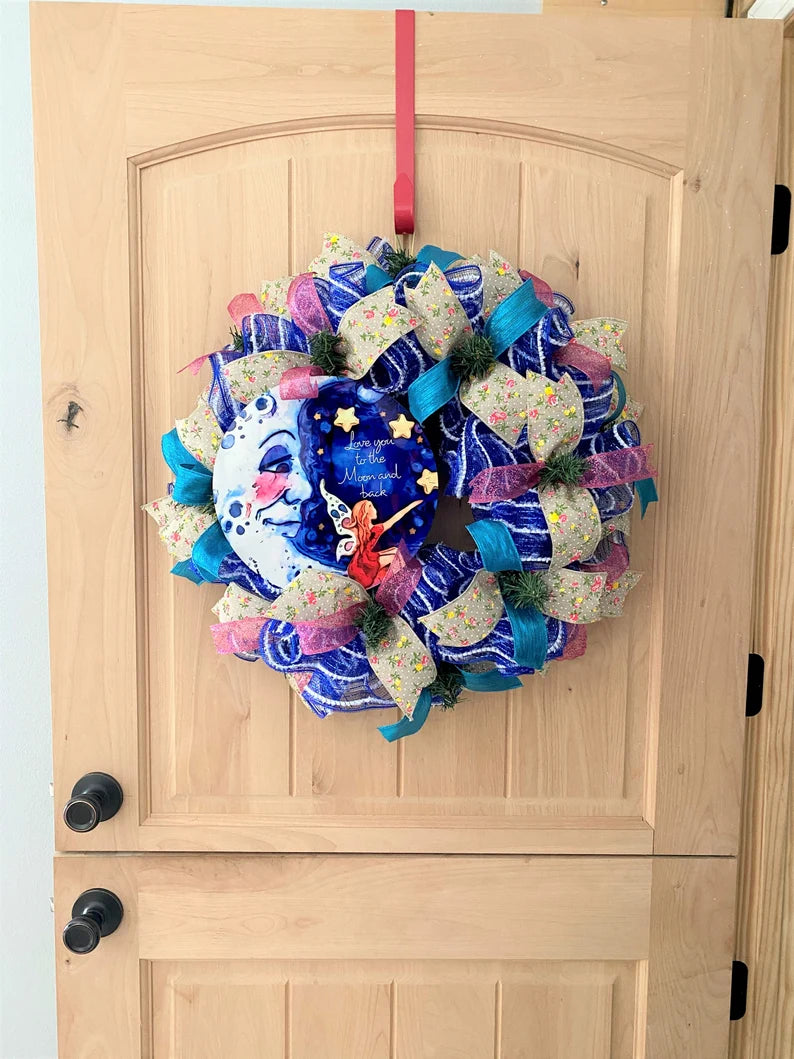 Moon, Stars, Fairy Wreath, "I Love You To The Moon and Back", Deco Mesh Wreath, Blue, Pink, Yellow, Multi, Medium Size