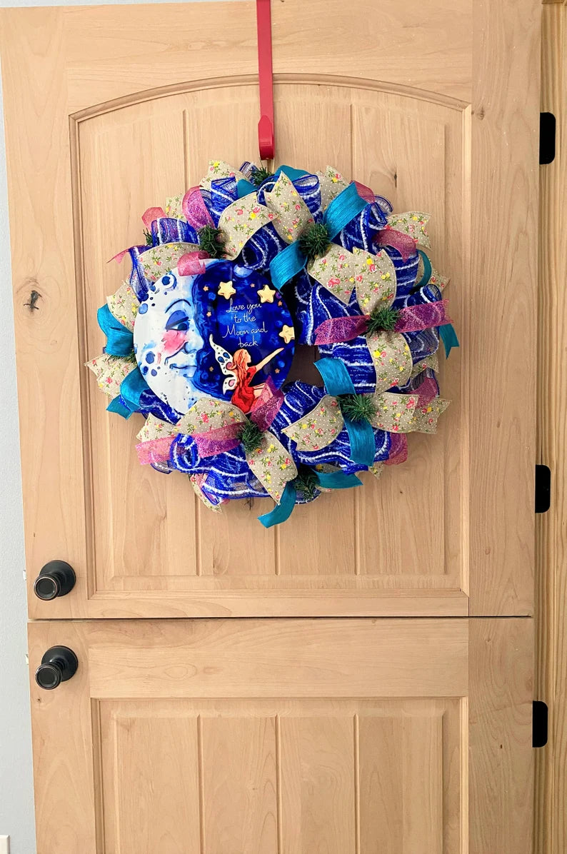 Moon, Stars, Fairy Wreath, "I Love You To The Moon and Back", Deco Mesh Wreath, Blue, Pink, Yellow, Multi, Medium Size