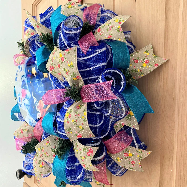 Moon, Stars, Fairy Wreath, "I Love You To The Moon and Back", Deco Mesh Wreath, Blue, Pink, Yellow, Multi, Medium Size