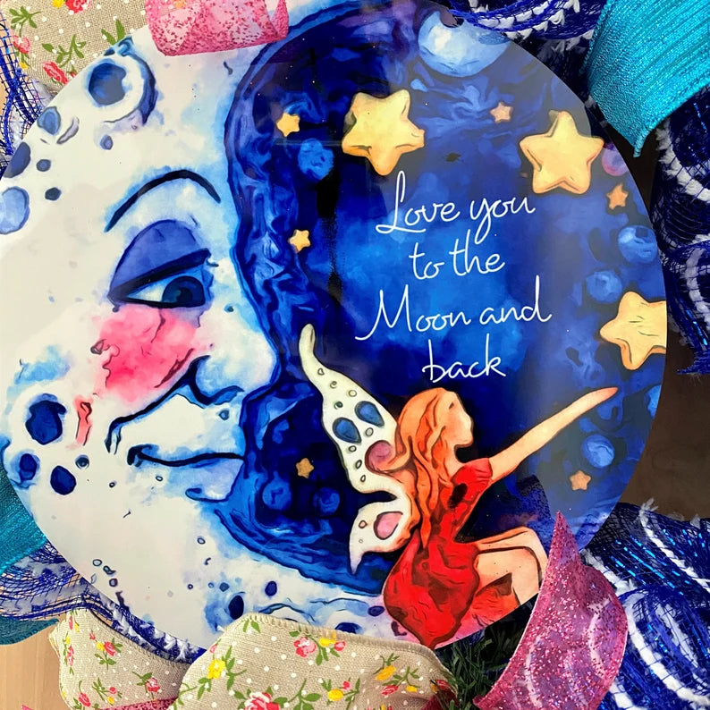 Moon, Stars, Fairy Wreath, "I Love You To The Moon and Back", Deco Mesh Wreath, Blue, Pink, Yellow, Multi, Medium Size