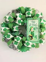 Happy St. Patrick's Day, Wreath, Deco Mesh, Wired Ribbons, Shamrocks, Leprechaun, Plaid, Green, Gold, Black, White, Large